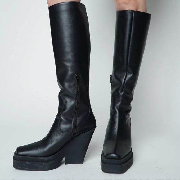 NWT, Gia Borghini Made in Italy Knee-High Leather Black Platform Boots, 36 EU - Picture 3 of 14